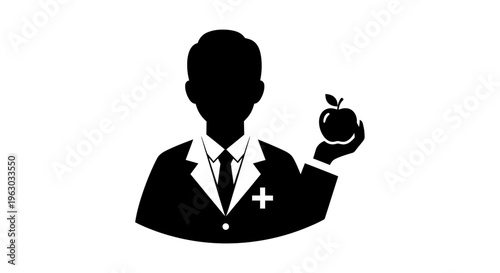 Silhouette of a doctor holding an apple in his hand.