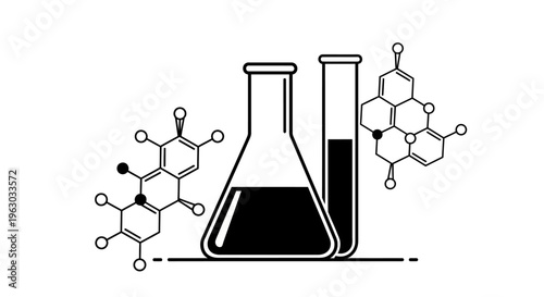 Chemical laboratory equipment and molecular structures illustration.