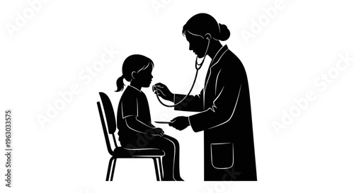 Doctor examining a child with a stethoscope silhouette.