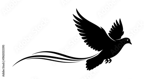 Silhouette of a Dove in Flight with Flowing Tail Feathers.