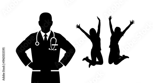Silhouette of a Doctor with Two Happy People Jumping.