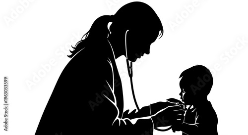 Doctor examining a child with a stethoscope silhouette.