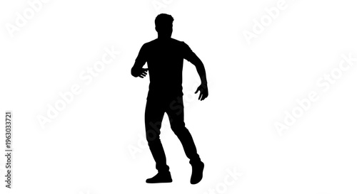 Silhouette of a man dancing energetically on a white background.