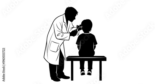 Doctor examining childs ear with otoscope.