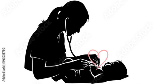 Pediatrician examining a newborn baby with a stethoscope.