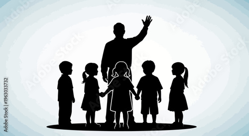 Teacher and children silhouette group standing together.