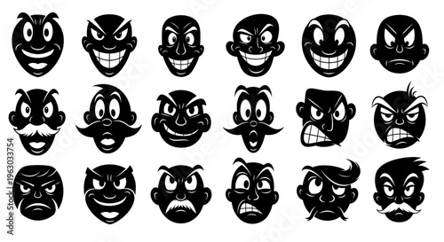 Collection of Black and White Cartoon Faces with Various Expressions.