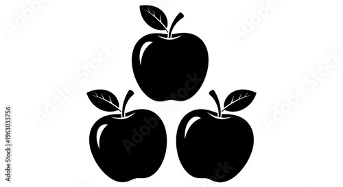 Three Black Apples Silhouette with Leaves.
