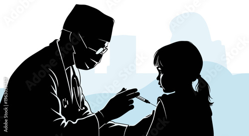 Doctor giving injection to a child silhouette.