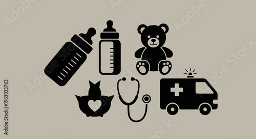 Collection of Baby and Medical Icons Including Ambulance and Stethoscope.