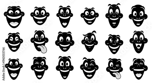 Collection of Black and White Cartoon Face Emoticons with Various Expressions.