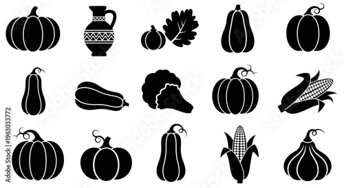 Collection of Black and White Vegetable Icons for Harvest and Autumn Themes.