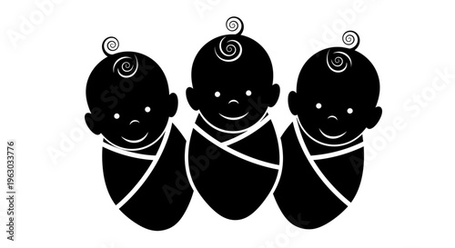 Three Adorable Black Silhouettes of Newborn Babies Wrapped in Swaddling Clothes.