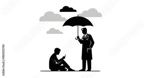 Doctor holding umbrella protecting patient from rain clouds.