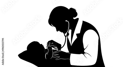Pediatrician examining a newborn baby with a stethoscope.