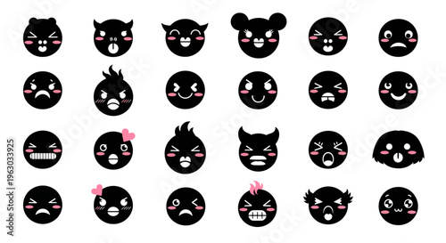 Collection of Diverse Black and White Emoji Faces with Various Emotions.