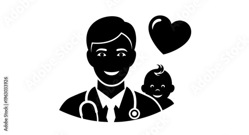Doctor with baby and heart icon representing care.