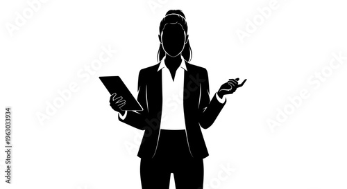 Silhouette of a professional woman holding a tablet and gesturing.
