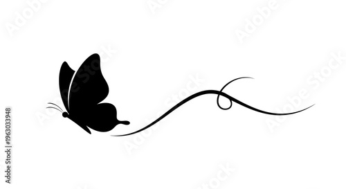 Elegant Black Butterfly Silhouette with Flowing Swirl.
