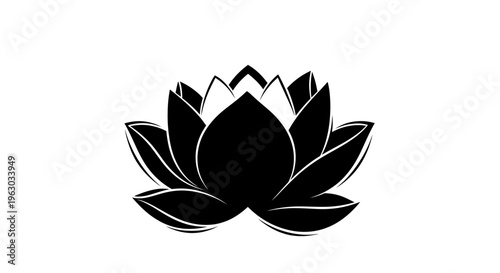 Elegant Black Lotus Flower Silhouette Isolated on White Background.