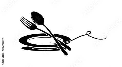Elegant Black Silhouette of Fork and Spoon on Plate.