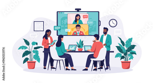Group of professional colleagues having an in-person meeting while connecting with other team members via a large video conference screen.