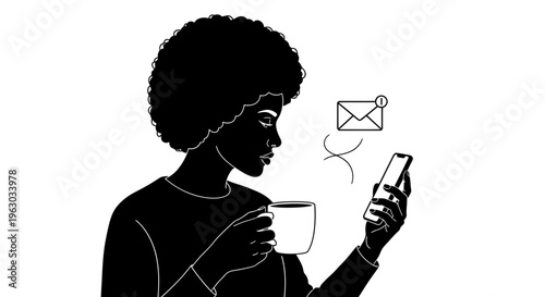 Woman with Afro holding coffee and checking phone notifications.