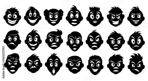 Collection of Diverse Cartoon Face Expressions Black and White.