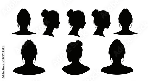 Collection of Diverse Female Silhouette Hairstyles and Views.