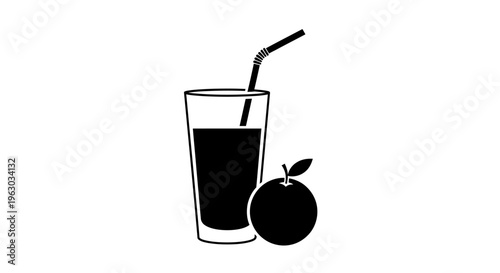 Glass of dark juice with straw and orange fruit.