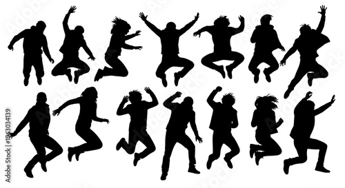 Group Of People Silhouettes Jumping Joyfully In The Air.