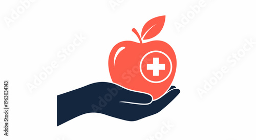 Hand holding an apple with a medical cross symbol.