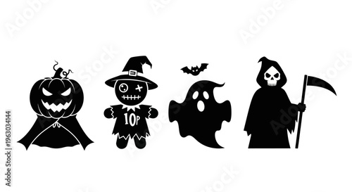 Halloween Silhouettes Featuring Pumpkin Ghost Scarecrow Grim Reaper.