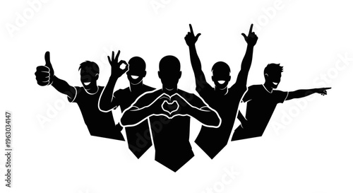 Group of happy people celebrating with gestures.