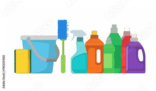 Cleaning supplies set sponge brush bucket detergent flat vector illustration
