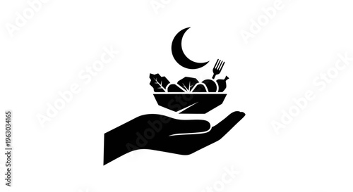 Hand holding bowl of food under crescent moon.