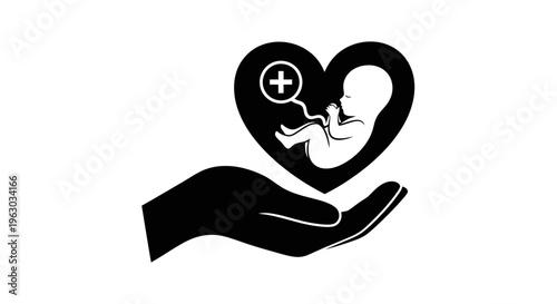 Hand Holding Heart With Fetus And Medical Symbol.