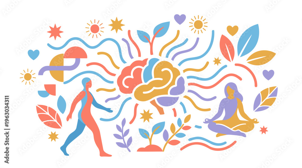 Fototapeta premium Brain & People, Wavy Flow, Meditating, Moving, Mental Health, Balance, Flat Colorful Vector Illustration