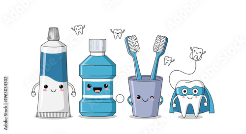 Set of cute animated dental hygiene products including toothpaste, mouthwash, toothbrushes, and dental floss with happy smiling faces.