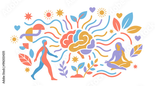 Brain & People, Wavy Flow, Meditating, Moving, Mental Health, Balance, Flat Colorful Vector Illustration