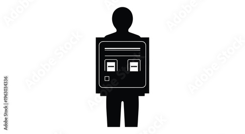 A black silhouette of a person wearing a retro game console silhouette