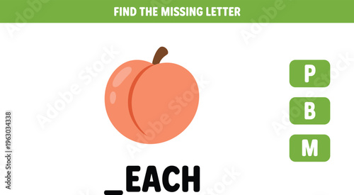 An educational worksheet for children to find the missing letter for peach fruit