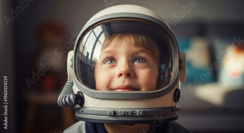Young boy wearing an astronaut helmet and smiling indoors  