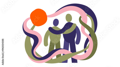 Two figures embracing surrounded by abstract shapes, sun. Connection Partnership Unity. Flat Organic Modern Blue Green Pink Orange. Vector Graphic.