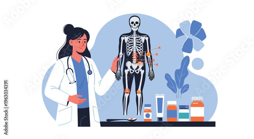 Female doctor in a white lab coat pointing to a human skeleton model to explain anatomy and health issues near medical supplies.