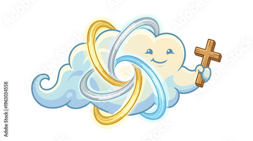 Cute Cartoon Cloud Character Holding Wooden Cross with Glowing Celestial Rings, Heavenly Spirituality & Divine Peace, Cheerful Flat Vector Illustration with Pastel Colors, Isolated Cut Out Design