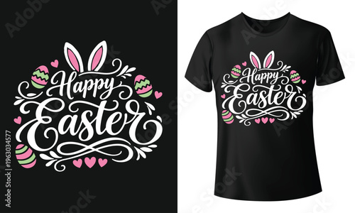 Happy Easter Rabbit Typography Design with Bunny Ears, Eggs and Hearts on Black Background