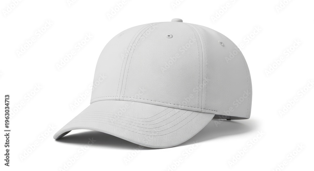 Fototapeta premium A white baseball cap with a structured front panel and a curved brim, positioned against a plain white background. The cap appears to be made of a smooth, possibly 