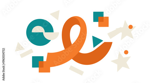 Geometric abstract composition with dynamic orange ribbon, teal squares, circles, stars for modern corporate digital background. Flat minimalist style in vibrant teal orange, editable vector.