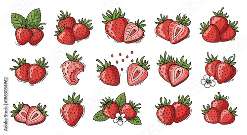 Colorful cartoon strawberries with leaves on a plain surface